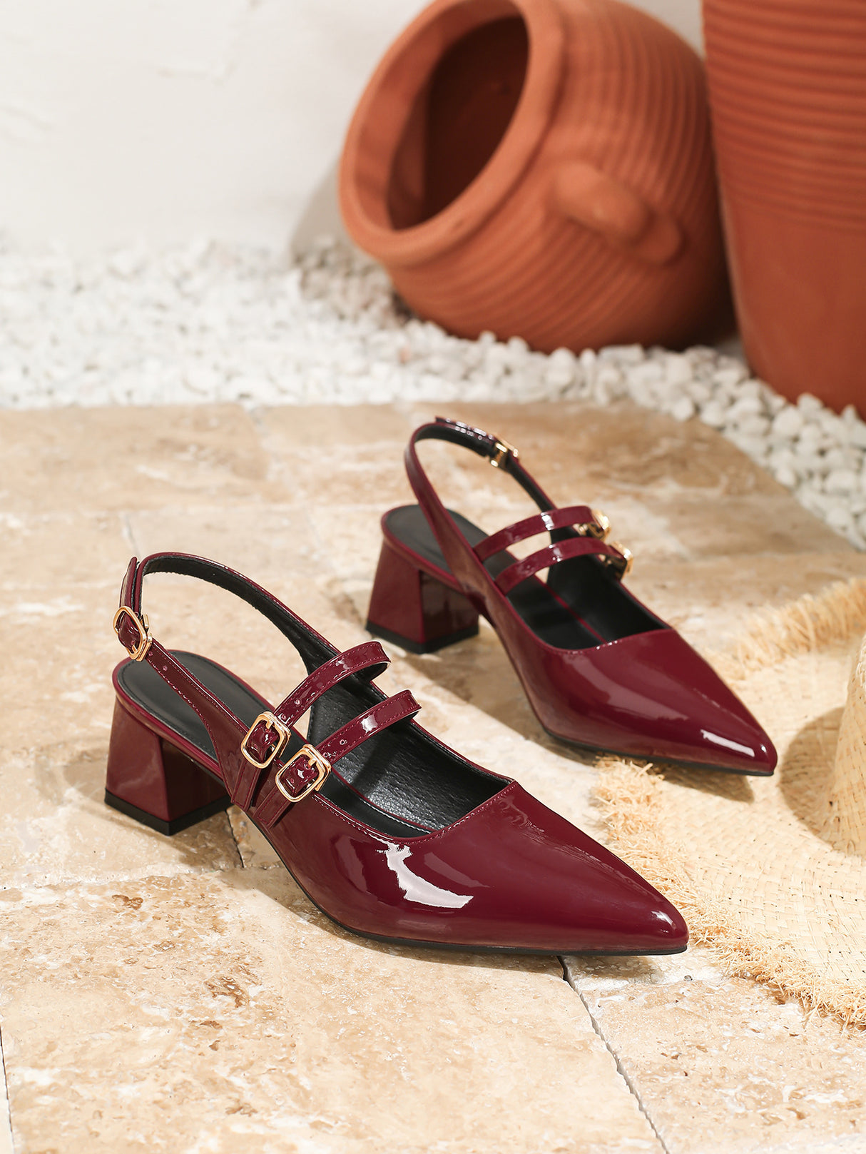 Metal Buckle Pointed Toe Open Back Chunky Heel Mary Jane Shoes