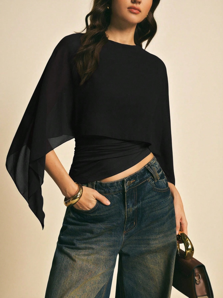 Cape-sleeve T-shirt, Round Neck, Loose Chiffon Cover-up, Elegant Irregular Top/T-shirt