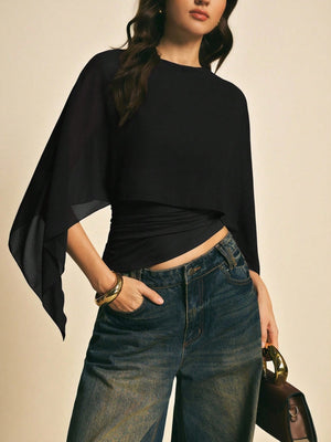 Cape-sleeve T-shirt, Round Neck, Loose Chiffon Cover-up, Elegant Irregular Top/T-shirt