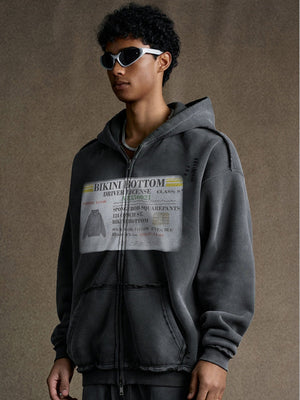Distressed Washed Printed Hoodies Cardigan