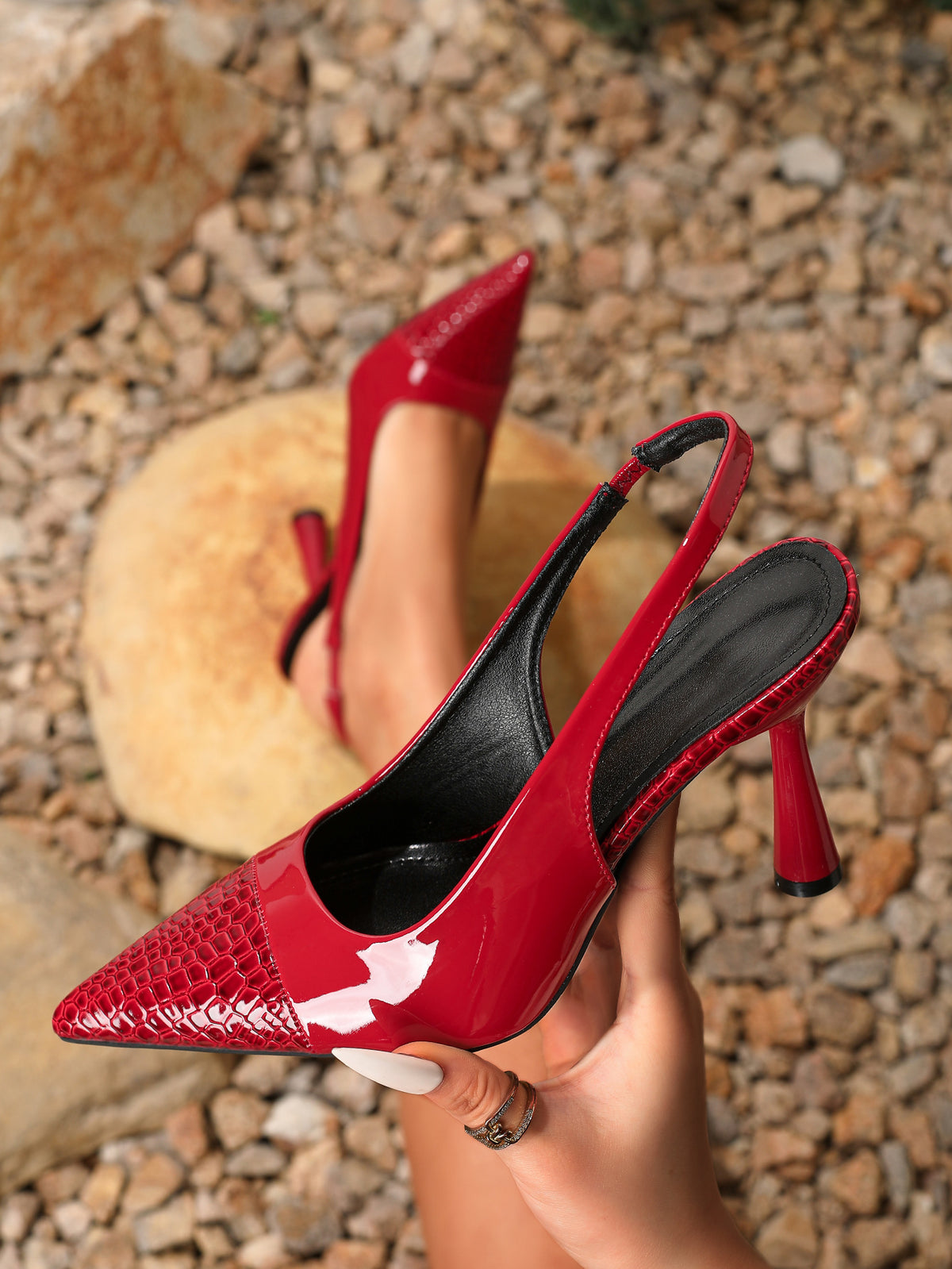 Pointed-toe Embossed Patchwork Open-back High Heels