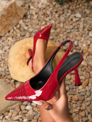 Pointed-toe Embossed Patchwork Open-back High Heels