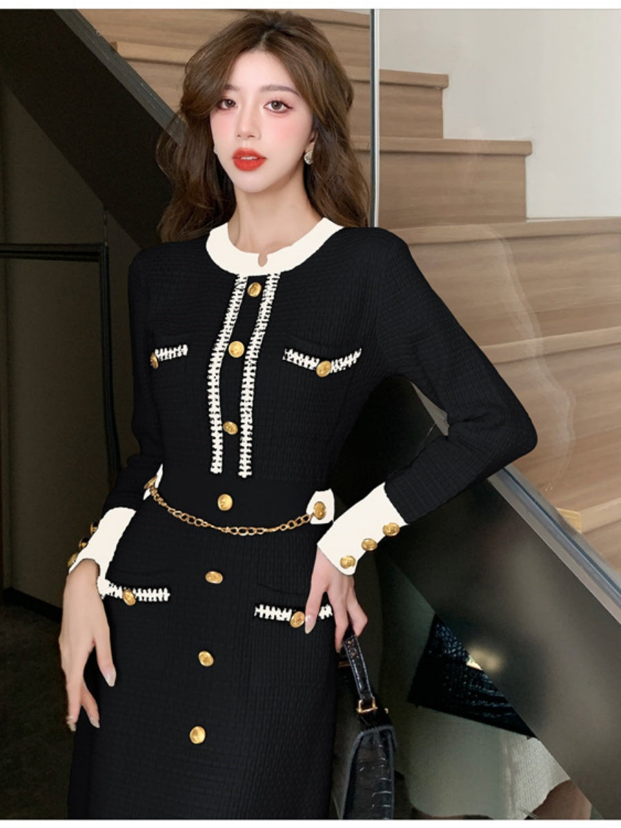 Elegant And Sophisticated Long-sleeved Round Neck Button-down Chanel-style Knit Midi Dress
