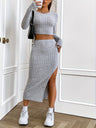 Leisure Slim Fit Small Round Neck Long Sleeves Side Slit Skirt 2-piece Sets