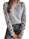 Hollow Fabric Strip Splicing Long Sleeve Crew Neck Pullover Sweater
