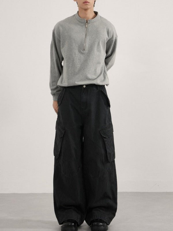 Retro Loose Boxy Short Half Zipper Crew Neck Sweatshirt