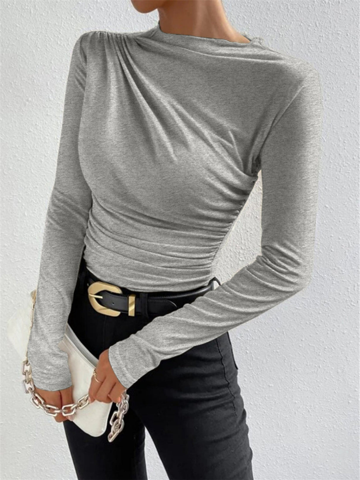 Pleated Solid Color Long-sleeved T-shirt