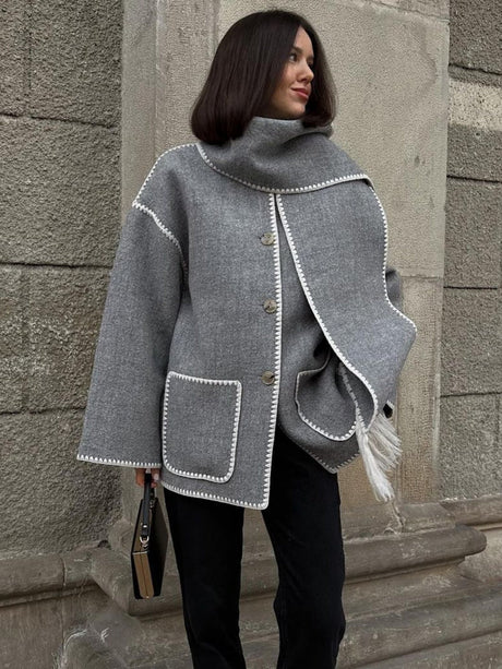 Wool Coat With Scarf And Tassels, Warm And Thick For Autumn And Winter.