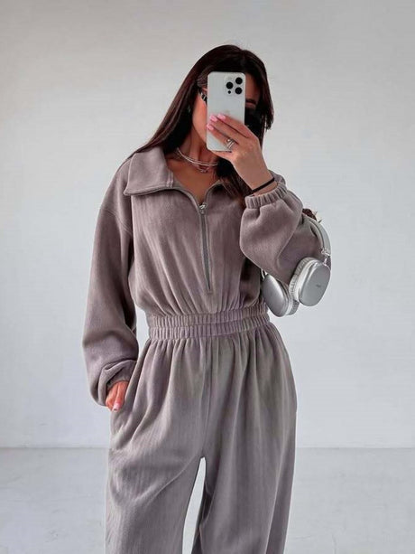 Liber Autumn women's one-piece suit solid color straight pants long-sleeved jumpsuit