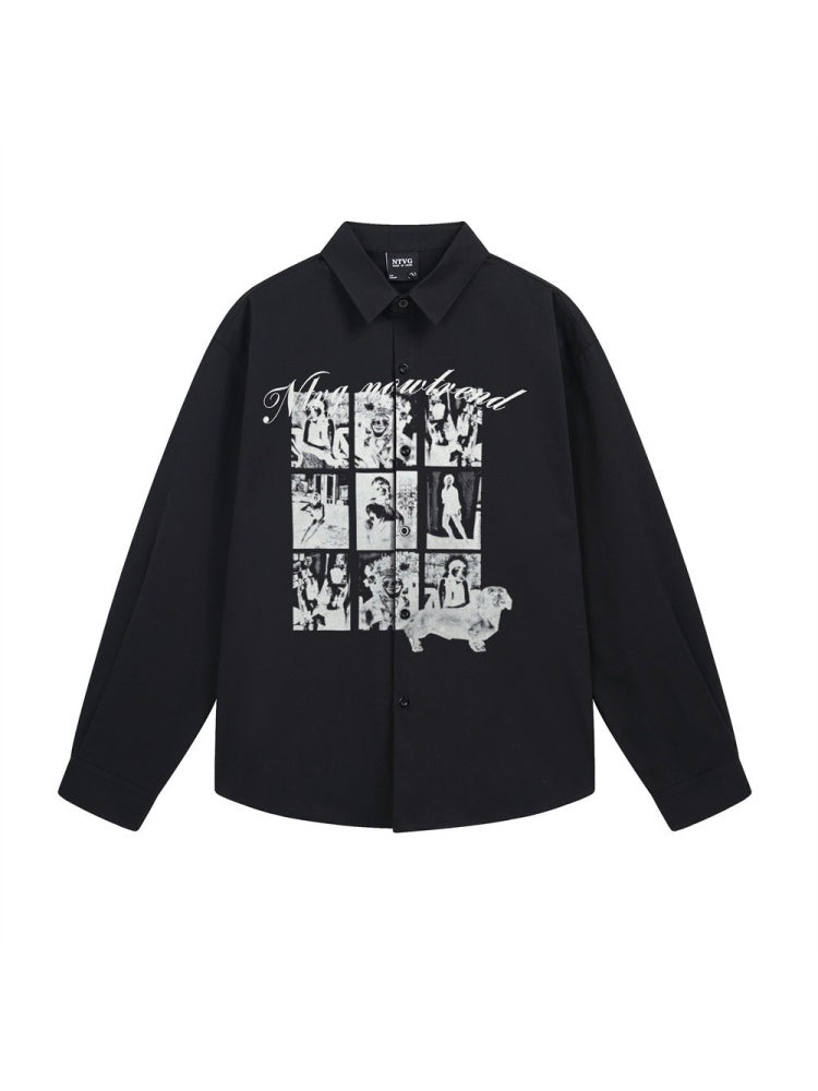 Retro Abstract Character Print Loose Lapel Long-sleeved Shirt