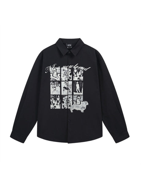 Retro Abstract Character Print Loose Lapel Long-sleeved Shirt