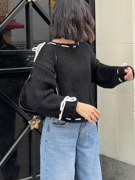 Lace up Bow Contrasting colors Sweaters