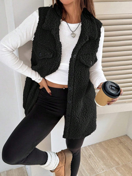 Solid Color Lapel Open Buckle Loose Temperament Commuting Imitation Lambskin Vests