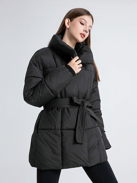 Stand Collar Tie Button Down Mid-length Warm Coat