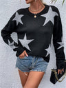 Crew Neck Star Pattern Contrasting Colors Knitted Long-sleeved Sweater