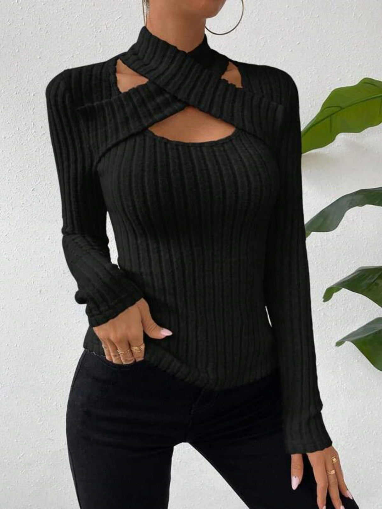 Halter Neck Crossover Long-sleeved Brushed Ribbed Knit T-shirt Top Sweater