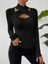 Halter Neck Crossover Long-sleeved Brushed Ribbed Knit T-shirt Top Sweater