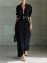 Simple Shirt Dress Pleated Shirt Collar Belted Maxi Dress