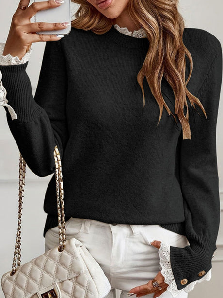 Splicing Lace Trim Crew Neck Long Sleeve Buckle Pullover Knit Sweater