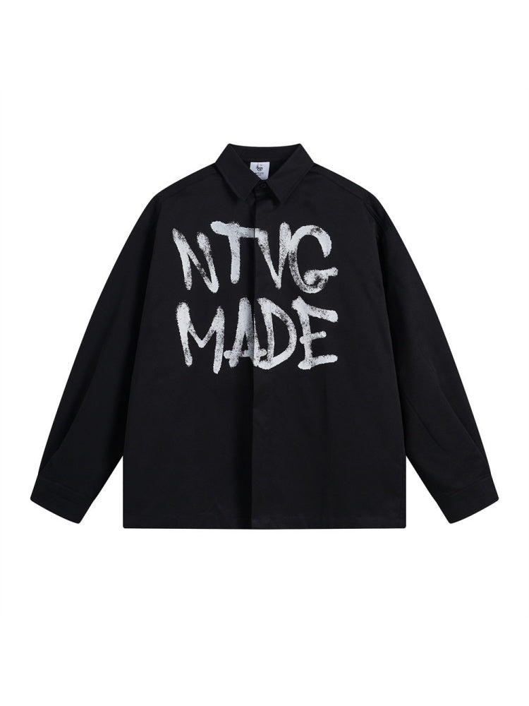 Retro Graffiti Letter Print Loose Lapel Long-sleeved Shirt