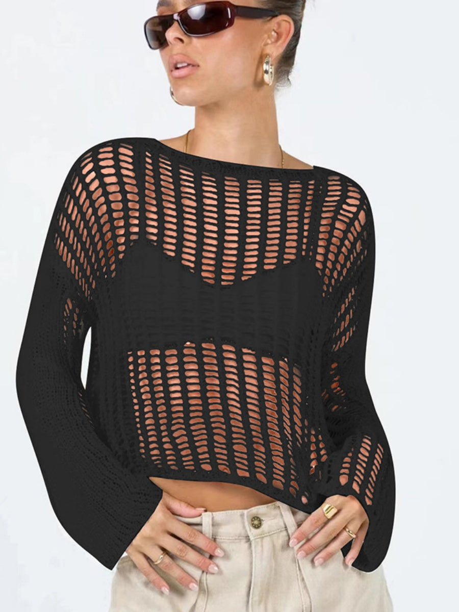 Liber Autumn women's see-through knitted loose hollow pullover mesh see-through top
