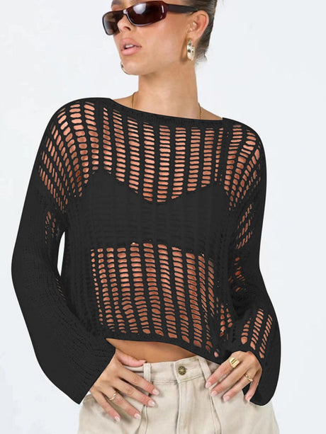 Liber Autumn women's see-through knitted loose hollow pullover mesh see-through top