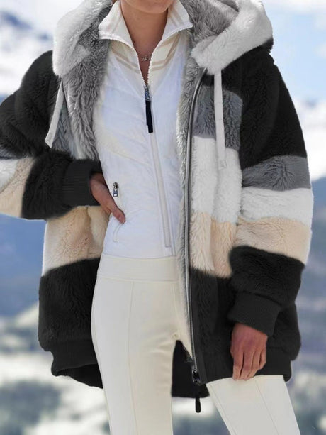 Loose Solid Color Plush Zipper Hood Color-block Jacket