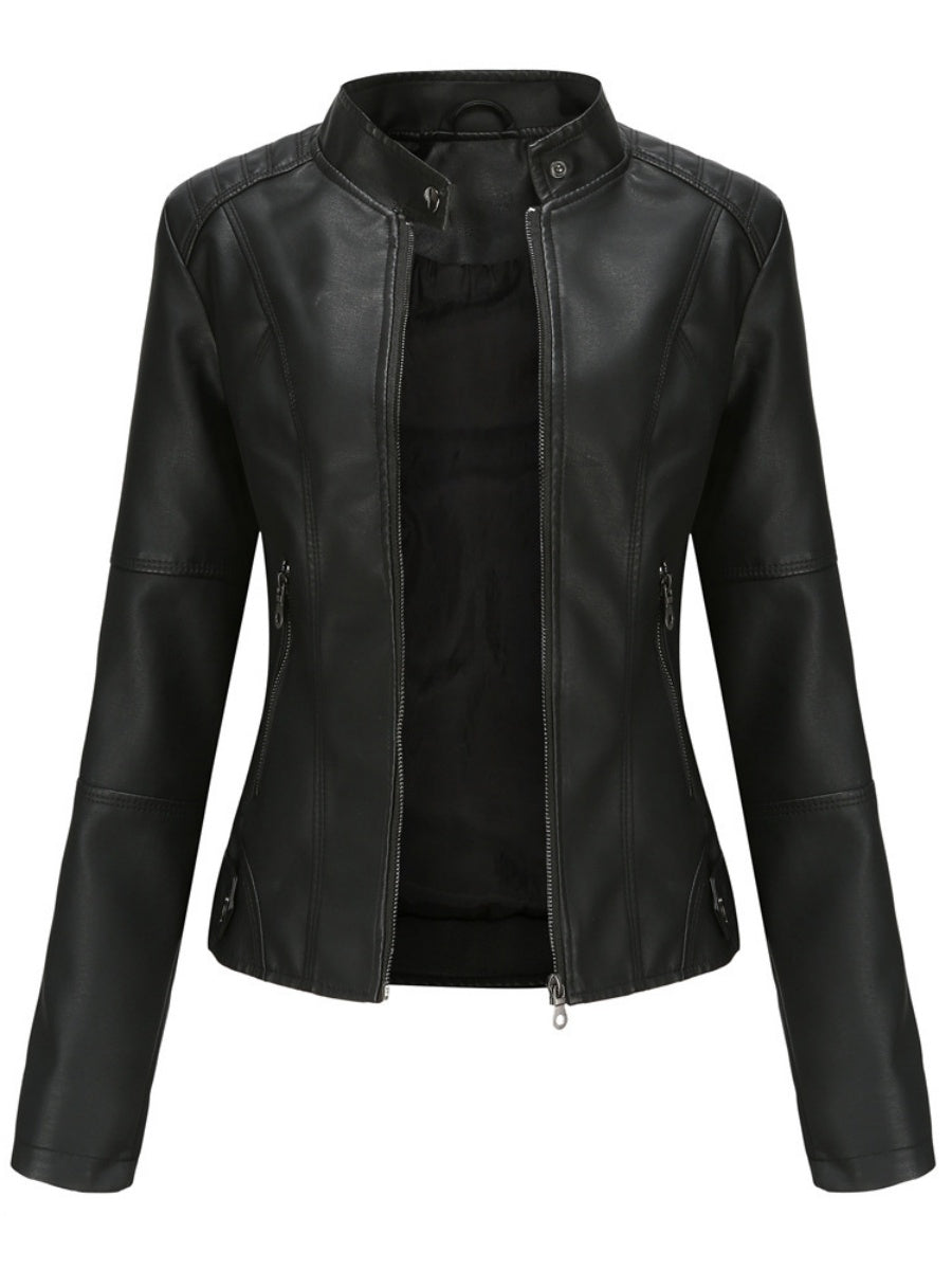 Street Cool Thin Stand Collar Zipper Leather Jacket