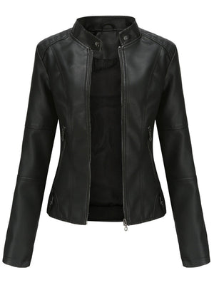 Street Cool Thin Stand Collar Zipper Leather Jacket