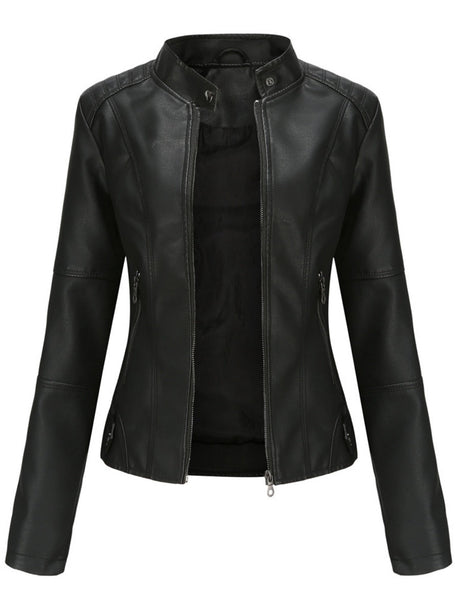 Street Cool Thin Stand Collar Zipper Leather Jacket