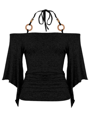 Off-the-shoulder  Bell sleeves  Cinched waist Halter neck top T-shirts