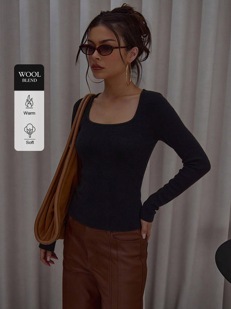 Square-Neck Knit Top with Thumbholes