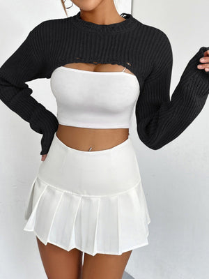Liber Autumn women's knitted ripped short pullover mesh see-through top