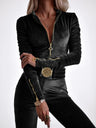 Velvet Zipper Metal Belt Jumpsuit