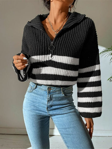 Striped Color Blocking Stand-up Collar Zipper Knitted Sweater