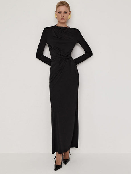 Hip-wrapped Long-sleeved Twisted Long Dress