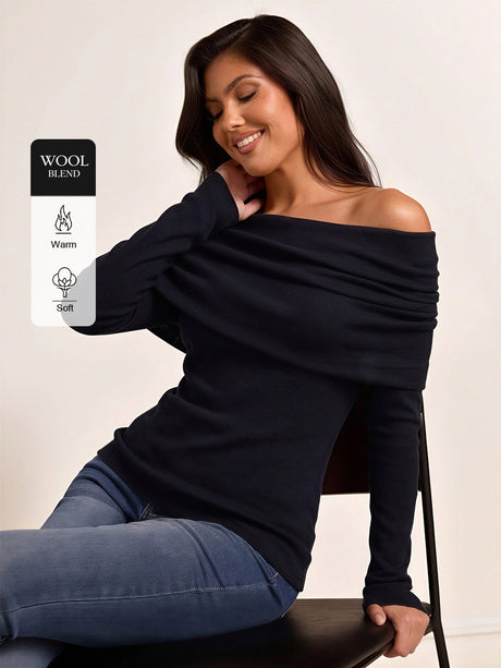Wool Folded Off-shoulder Long-sleeved Sweater