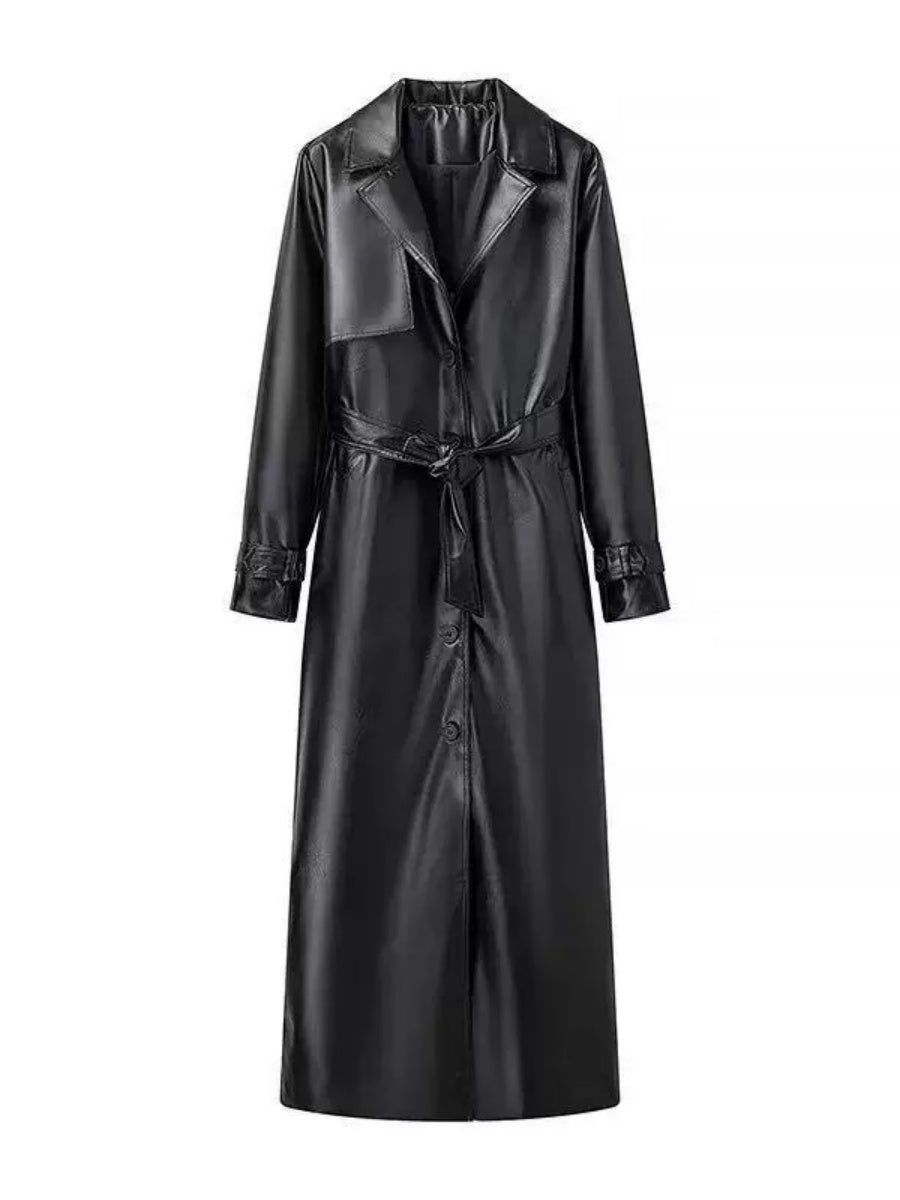 PU Leather Suit Collar Long Windbreaker