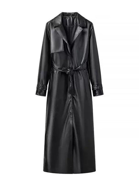 PU Leather Suit Collar Long Windbreaker
