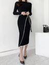 Half-high Collar, Ribbed, Slim-fitting, Color-blocked Mid-length Knitted Dress With Ties