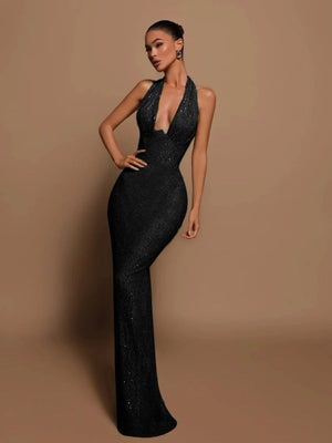 Halter sequins Deep V Bodycon long dress