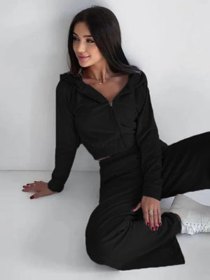 Liber Autumn women's clothing zipper Hooded long-sleeved cardigan two-piece set