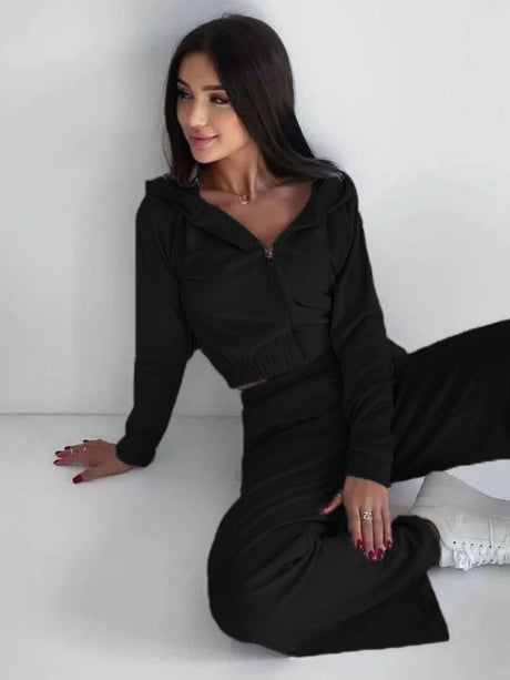 Liber Autumn women's clothing zipper Hooded long-sleeved cardigan two-piece set