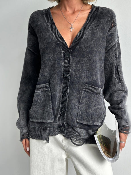 Liber Autumn women's washed and distressed clothing V-neck hand-distressed cardigan sweater