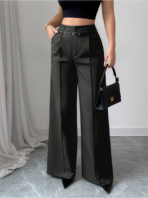 Women's Belted Wide-leg High-waisted Straight-leg Suit Trousers