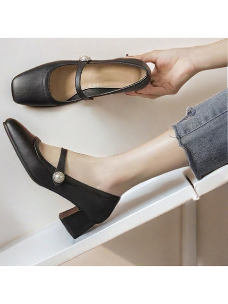Liber Spring and Autumn Pearl Women's High Heel Mary Jane Shoes