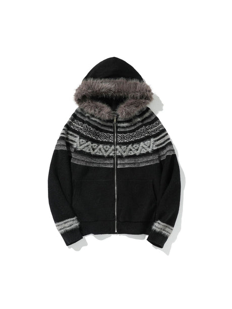 Fair Isle Pattern Fur Collar Hooded Splicing Cardigans