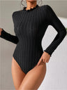 Wavy Stand Collar Brushed Ribbed Long-sleeved Knit Bodysuit Top