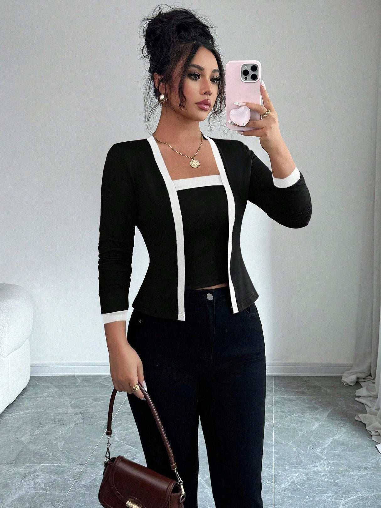 Square Neck Suspenders Long-sleeved Cardigan In Black And White Color Blocking Slim Fit Workplace Casual Two-piece Outfit