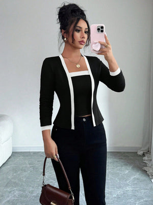 Square Neck Suspenders Long-sleeved Cardigan In Black And White Color Blocking Slim Fit Workplace Casual Two-piece Outfit